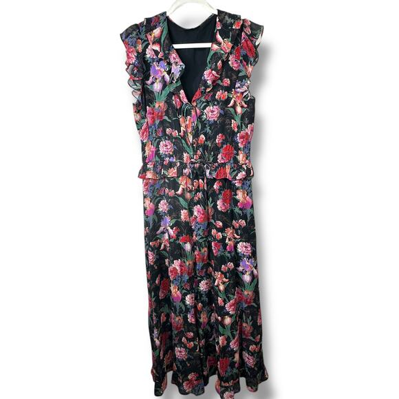 PAIGE NWOT Paradise Floral Silk Chiffon Flutter Sleeve Smocked Tiered Midi Dress - Picture 4 of 12